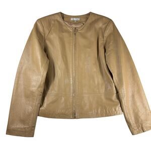 Yvonne Marie Lamb Leather Jacket Womens 12 Tan Collarless Full Zip Classic Y2K